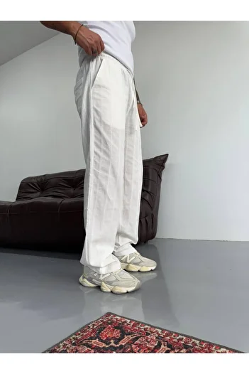 Oliggopol Men's White Elastic Waist Linen Baggy Trousers