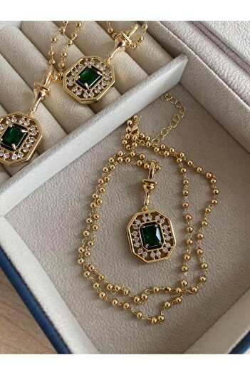 Modadiro Çelik Kolye Serenay Kolye Yeşil Taşlı Kolye Gold