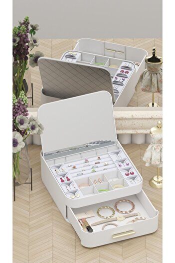EVLE Multi-Compartment Makeup Jewelry Organizer with Drawers and Mirror