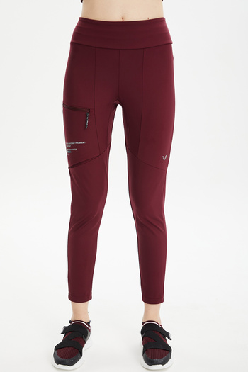 bilcee Women's Claret Red High Waist Lycra Pieced Pocket Plain Running Outdoor Sports Casual Tights Trousers 0674