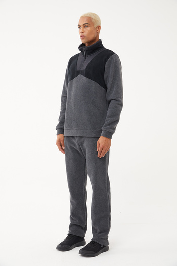 bilcee Men's Dark Gray Winter Fleece Half Zipper Stand Collar Sweatshirt Bottom Top Tracksuit Set 1533