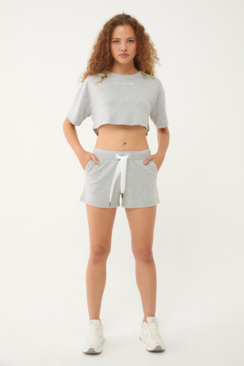 bilcee Women's Gray Melange Organic Cotton Oversize Crop Short Sleeve Sports T-Shirt 0763