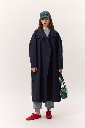 Manuka High Collar Oversize Trench Coat Navy Blue
