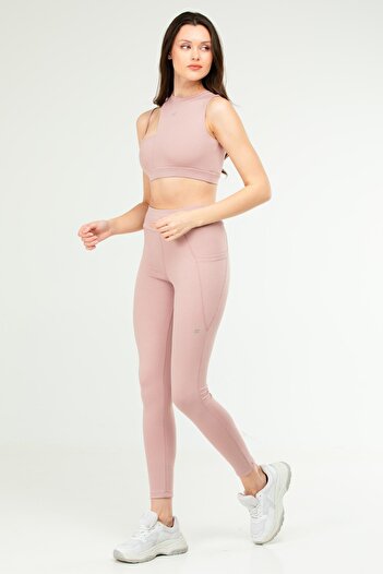 speedlife Pudra Slim Fit Yüksek Bel Toparlayıcı Kadın Tayt Takım SB0849