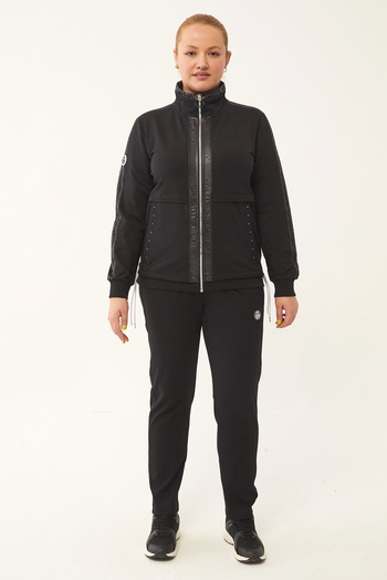 bilcee Women's Black Large Size Striped Woven Detailed Cotton Tracksuit Suit 1582