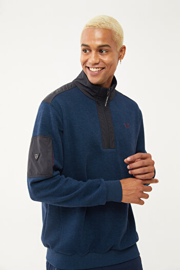 bilcee Men's Petrol Half Zipper Soft Textured Sweatshirt 1550