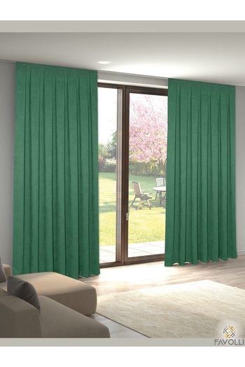 FAVOLLİ Velvet Textured Emerald Color Pleated Island Background Curtain
