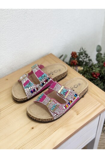 Guja 25Y102-2 Double Buckle Stone Cork Sole Slippers Women