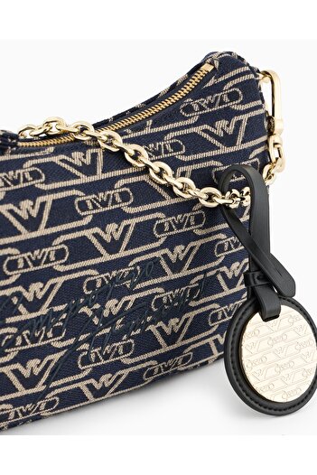 Emporio Armani Kadın Yüm Yüzeyi Kartal Logolu Jakarlı Fermuarlı Bez Lacivert Omuz Çantası EW001892 AF16095-FB237