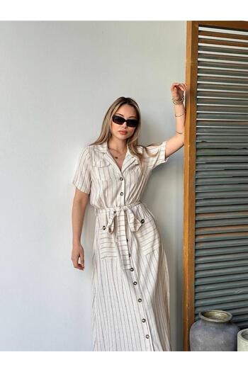 LE CARAMBOLE Women's Cream Buttoned Short Sleeve Dress