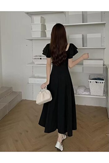 Styling Park Kolu Volan Detaylı Midi Boy Kısa Kol Elbise