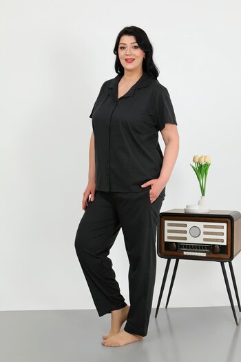 Akbeniz Women's Plus Size Cotton Pocket Buttoned Black Pajama Suit 202507