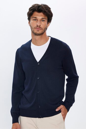 Tudors Men's Slim Fit Buttoned Plain Cotton Blue Navy Blue Cardigan