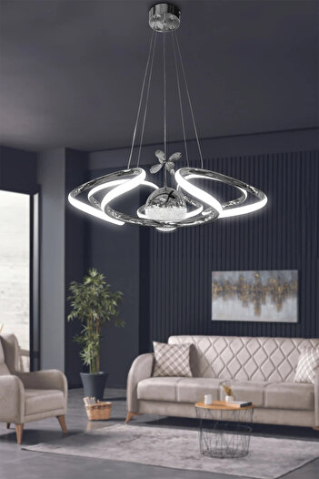 RSCOLLECTIONS Dron Modern 4 Kol Tek Top Sarkıt Power Led Avize - 3 Renk Kumandalı Krom