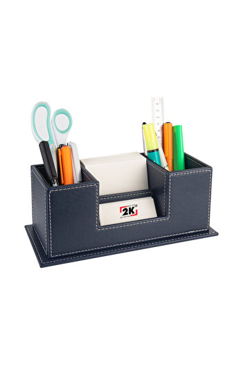 2K Desktop Leather Organizer Pen Holder 4 Compartments Desktop Organizer Rainbow Vegan 10X12X25 Cm. Navy Blue