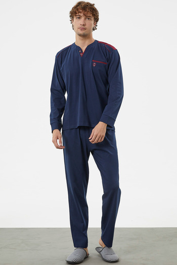 Sementa Hakim Collar Pocket Pajama Set - Navy Blue