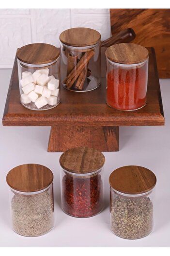 Atbyhome Acacia Lid Borosilicate Glass Spice Rack Storage Jar 200 ml Set of 6