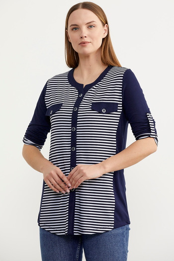 Sementa Ριγέ μπλουζάκι τσέπης τριών τετάρτων - Navy Blue