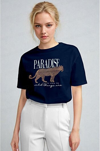 Millionaire Γυναικείο κοντομάνικο μπλουζάκι Relax Fit Navy Blue Paradise Leopard Combo