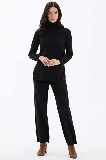Sementa Full Turtleneck Sweater Trousers Knitwear Set - Black