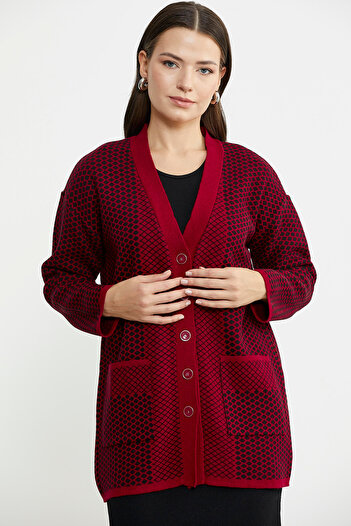Sementa Red Oversize Knitwear Jacket - Pockets and Honeycomb Motif