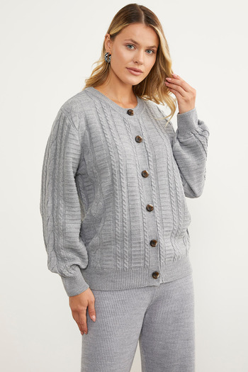 Sementa Crew Neck Buttoned Knitwear Cardigan - Gray
