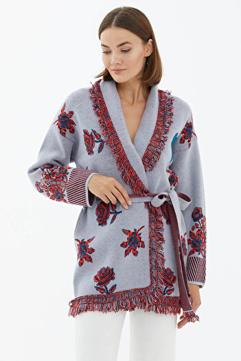 Sementa Cardigan de tricotaj cu curea cu model trandafir cu guler șal - albastru