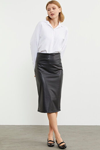 Sementa Knee Length Faux Leather Skirt - Black