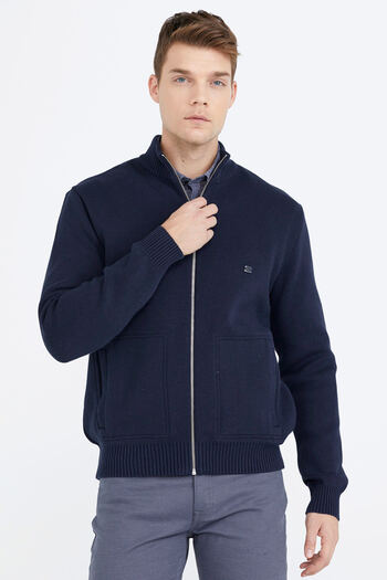 Sementa Embroidery Detailed Men's Knitwear Jacket with Pockets - Navy Blue