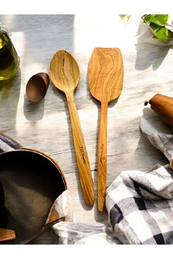 F&S WoodArt Olive Tree Set of 2 Wooden Spatula Wooden Pot Spoon 29 cm