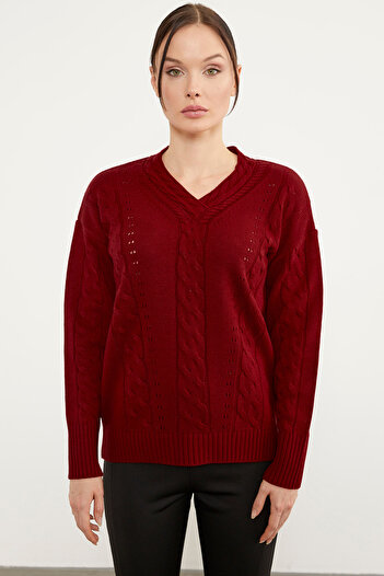 Sementa Hair Braided V-Neck Knitwear Sweater - Red