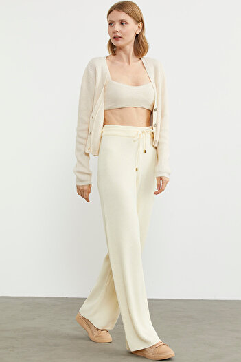Sementa Thin Corded Elastic Waist Knitwear Trousers - Bone