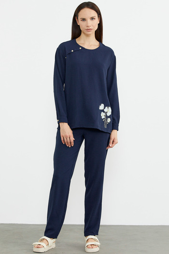 Sementa Print Detailed Long Sleeve Crepe Set - Navy Blue