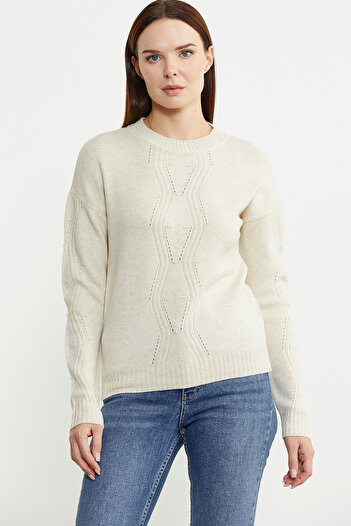 Sementa Stone Colored Crew Neck Motif Sweater