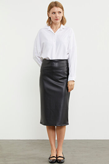 Sementa Knee Length Faux Leather Skirt - Black