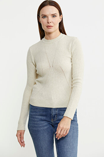 Sementa Stone Colored Derby Crew Neck Knitwear Sweater