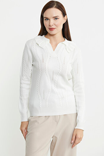 Sementa Motif Ruffle Collar Knitwear Sweater - Bone