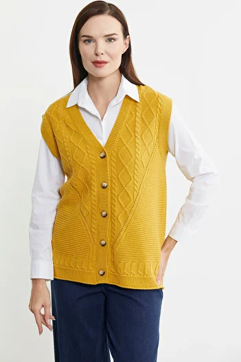 Sementa Buttoned Wool Knitwear Vest with Diamond Motif - Sun