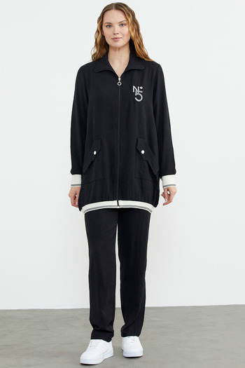 Sementa Shawl Collar Zippered Crepe Set - Black