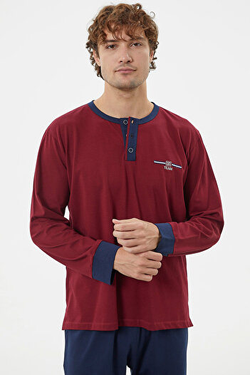 Sementa Double Color Buttoned Pajama Set with Placket - Claret Red