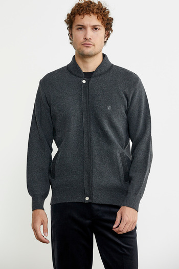 Sementa Dark Gray and Black Colored Wool Knitwear Coat with Pockets