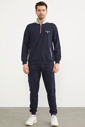 Sementa Stand Collar Half Zipper Tracksuit Set - Navy Blue