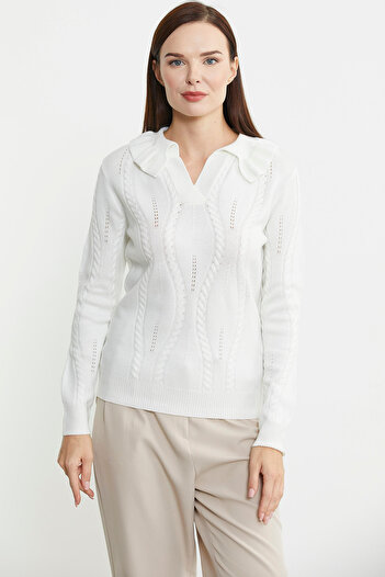 Sementa Motif Ruffle Collar Knitwear Sweater - Bone