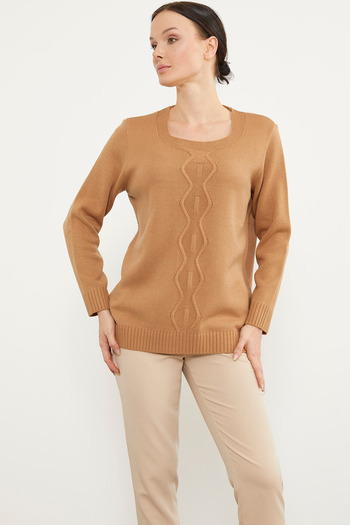 Sementa Knit Front Detailed Knitwear Basic Sweater - Camel