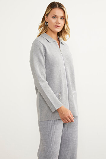 Sementa Pocketed Shirt Collar Zippered Knitwear Cardigan - Light Gray