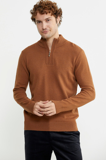 Sementa Stand Collar Half Zipper Knitwear Sweater - Tan