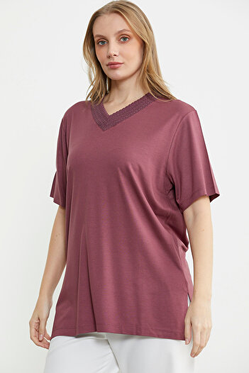 Sementa Short Sleeve V Knitwear Collar Blouse - Rose