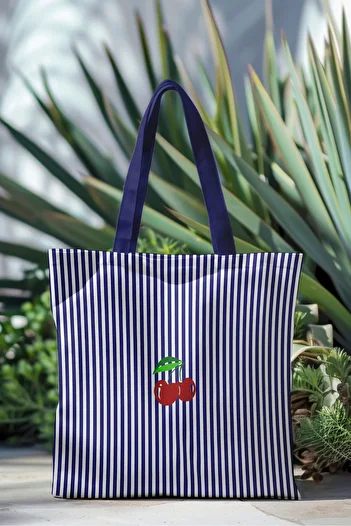 AYSHOME Ays Home Navy Blue Striped Cherry Patterned Washable Zippered Cloth Beach Shopping Bag