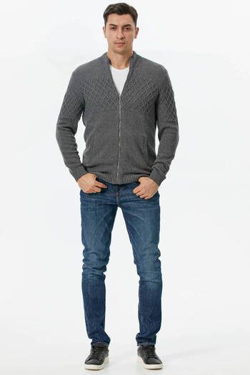 Sementa Stand Collar Zippered Pocket Knitwear Cardigan - Dark Gray