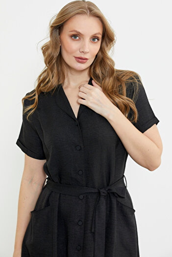 Sementa Linen Look Pocket Shirt Dress - Black